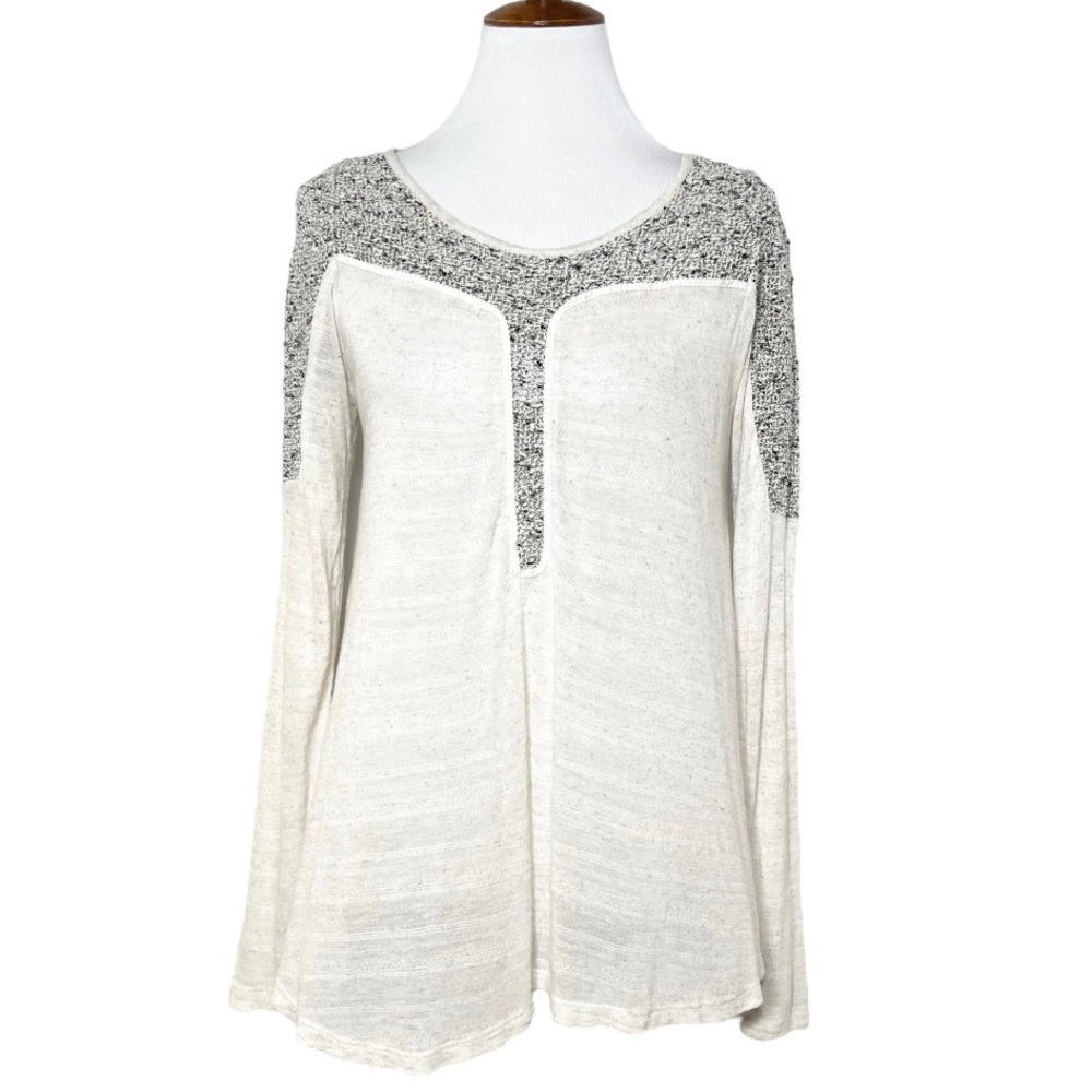 Anthropologie Cream Crochet Mesh Slub Knit Linen Viscose Long Sleeve Tunic Top